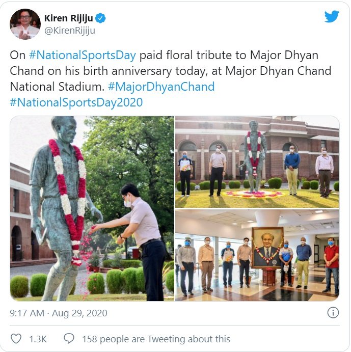 Kiren Rijiju pays tribute to Major Dhyan Chand on his 115th birth anniversary