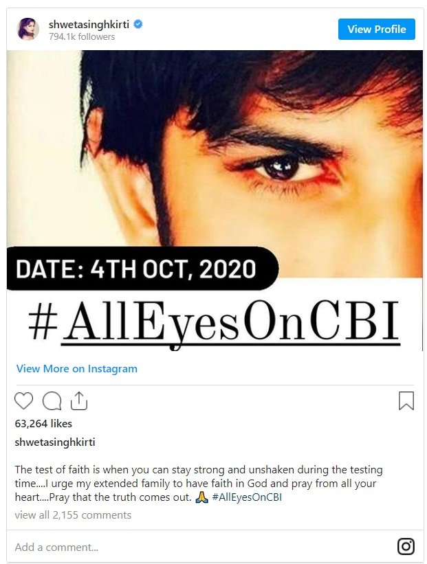 All eyes on CBI: Sushant Singh Rajput’s sister Shweta Singh Kirti posts after AIIMS rejects murder theory